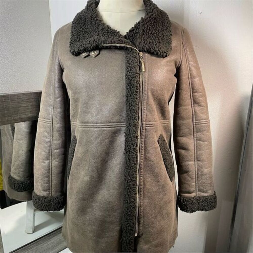 Ellen Tracy Women's Brown Faux Suede Fur Trim Jacket Size L Winter